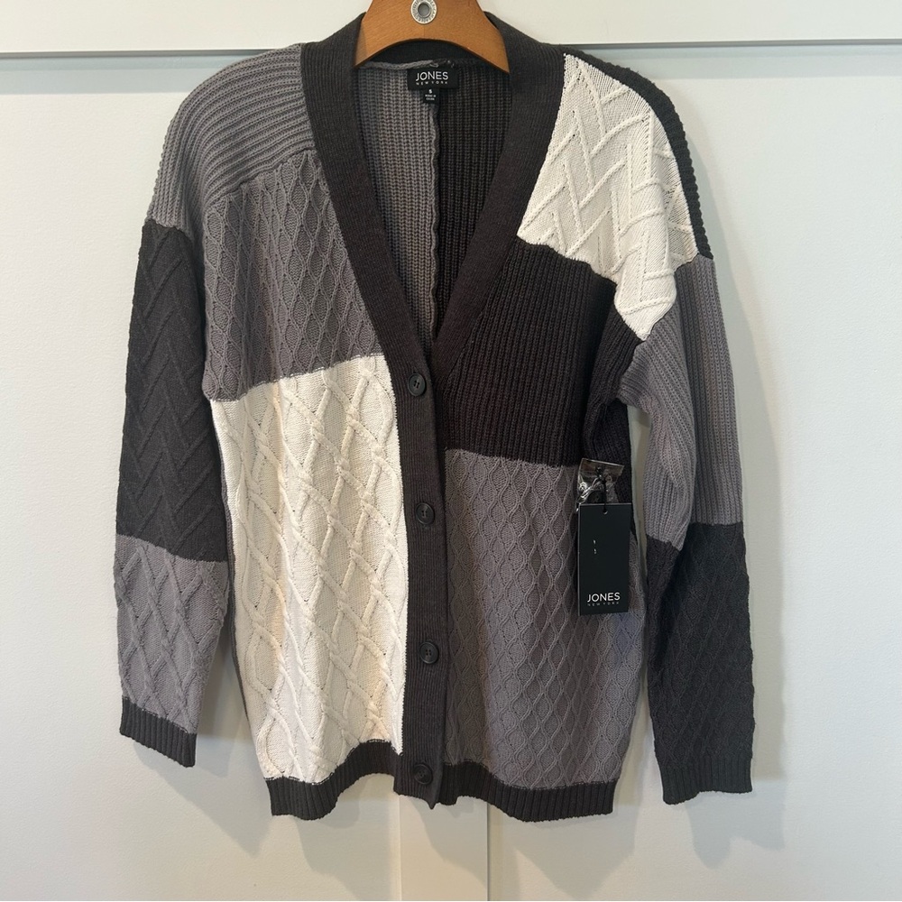 Jones NY Cardigan Sweater Buttons Cable Knit Gray Granny Preppy Patches S NWT